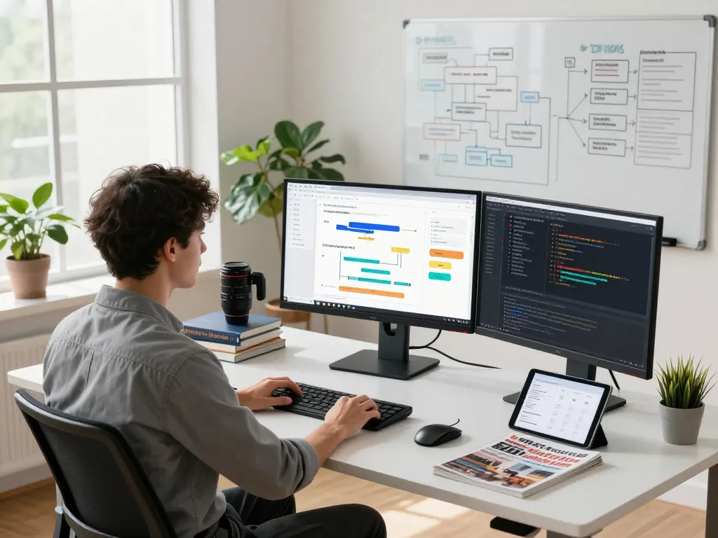 Developer creating automated workflows with make.com in a modern workspace.