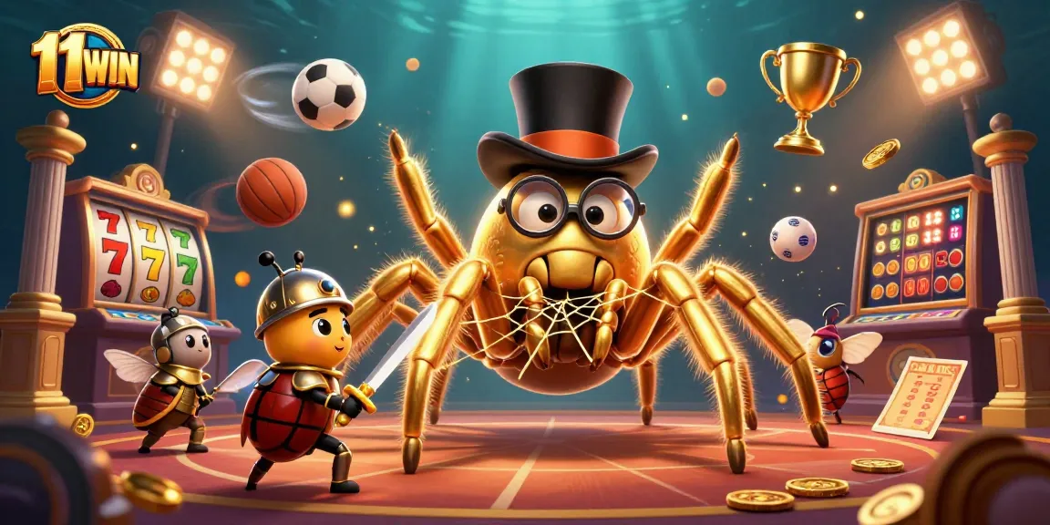 Experience thrilling gaming excitement with 11WIN in a vibrant, dynamic casino scene featuring a golden tarantula.