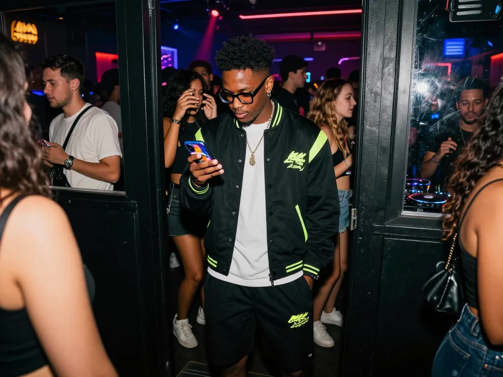 Vibrant nightlife scene showcasing NSFW urban culture with stylish person at club entrance.