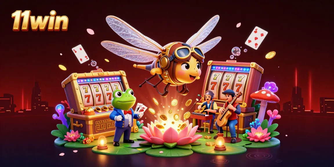 Engage with 11win's animated casino experience featuring a dragonfly pilot and frog croupier.