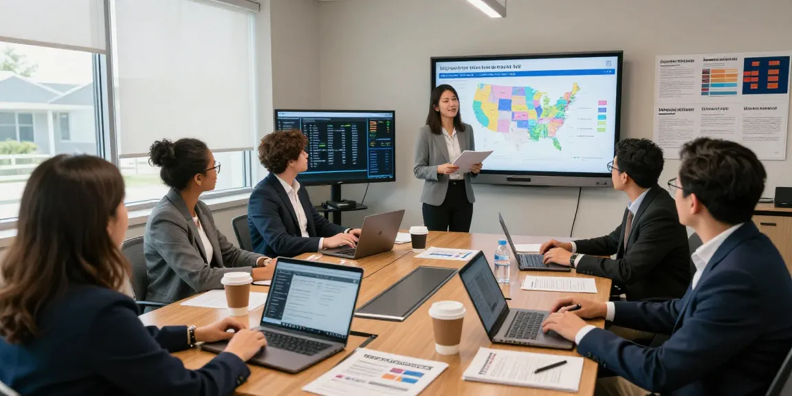 Voter data analysis session led by a recall campaign consultant in a modern meeting room.