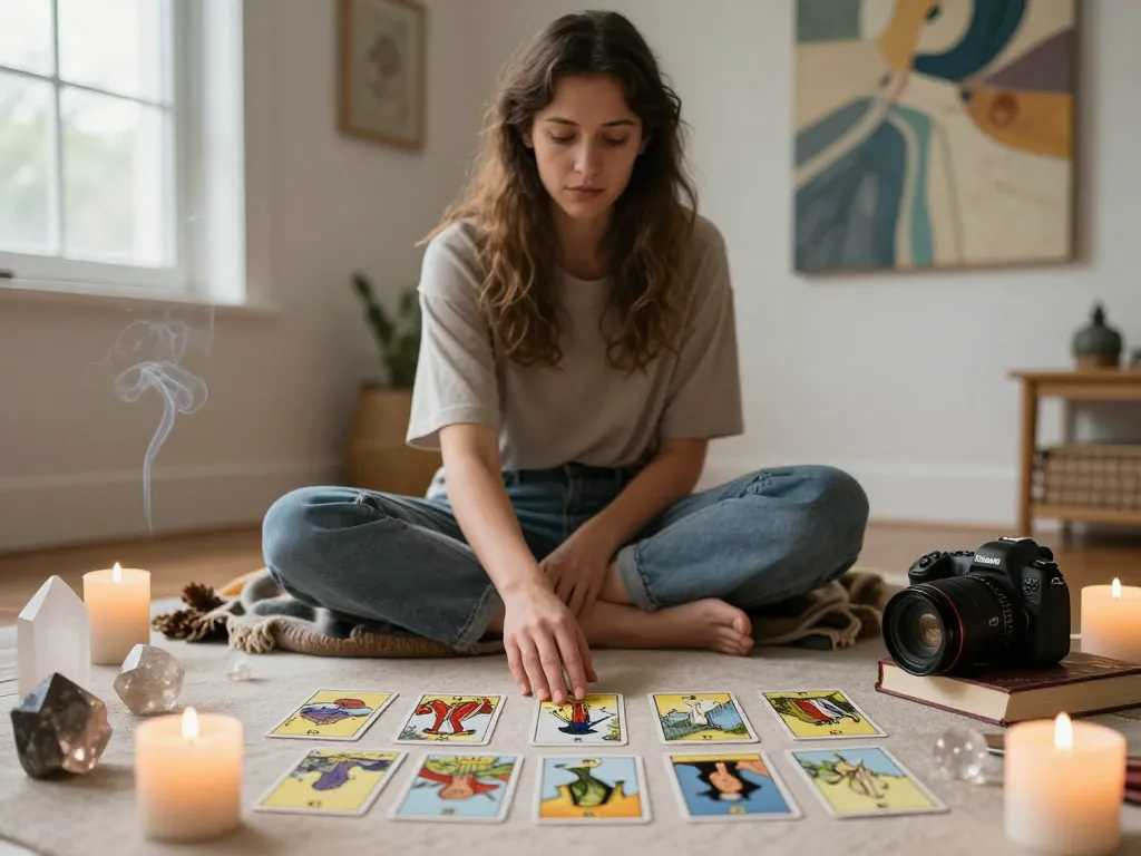 Individual exploring signs of a karmic relationship through meditation in a calming, serene space.