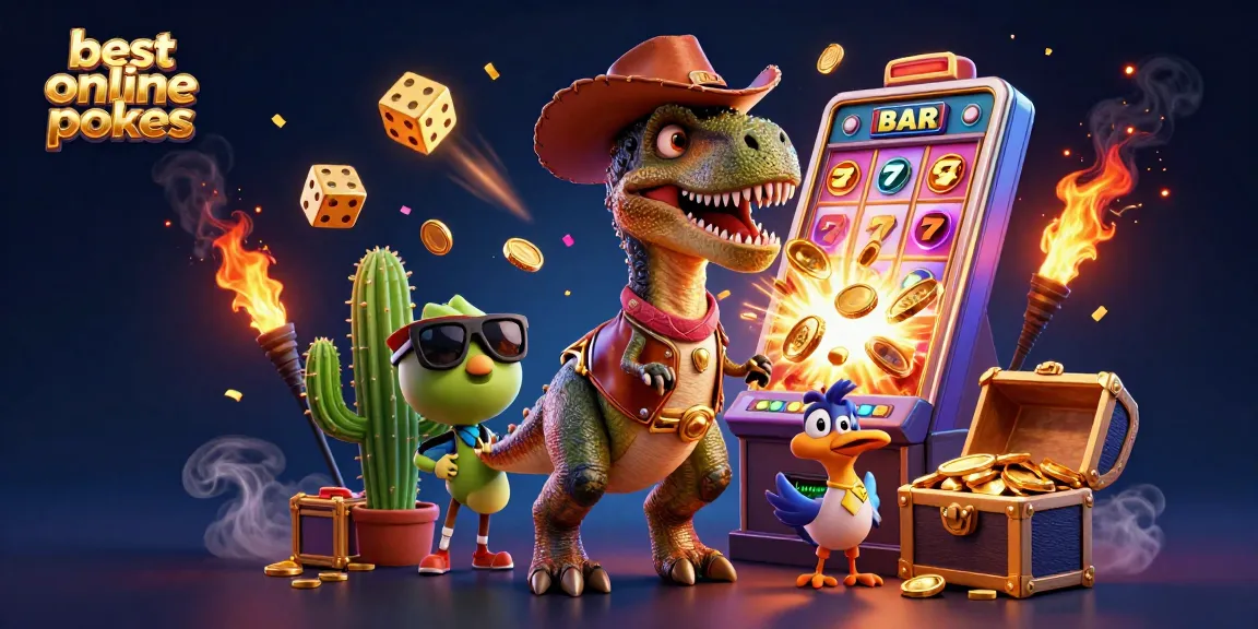 Experience the thrill of the best online pokies with our vibrant 3D dinosaur slots illustration.