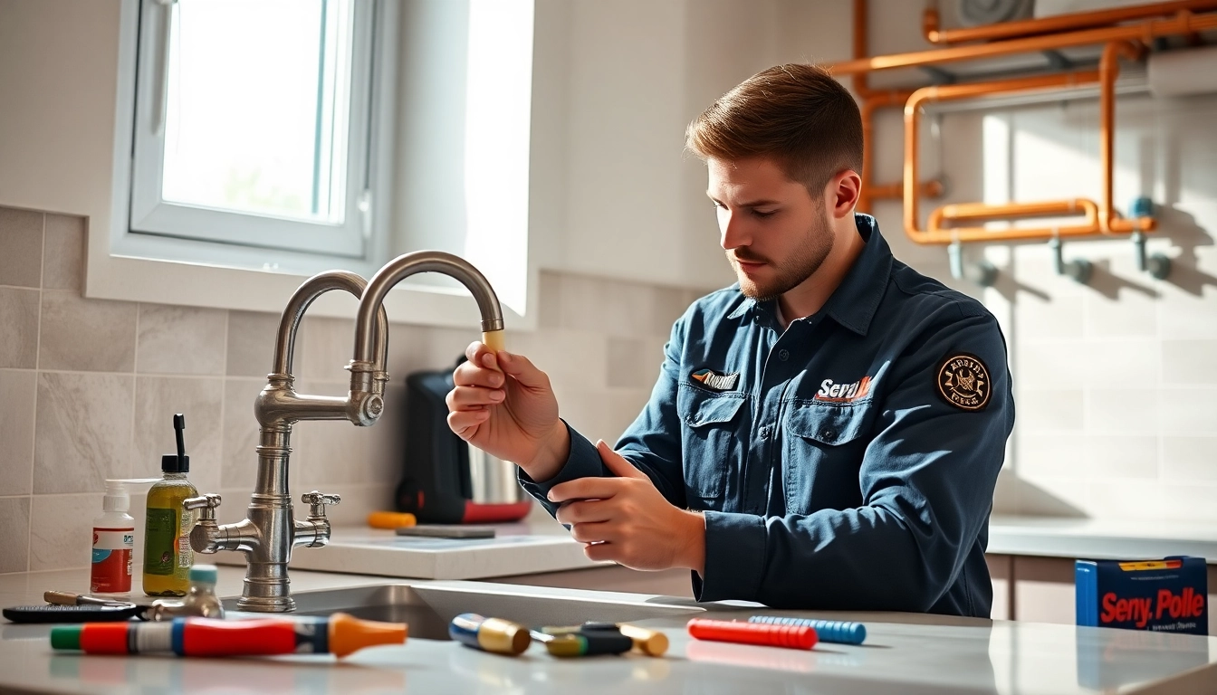 Find an experienced plumber near me fixing a kitchen faucet with bright lighting and clear focus.