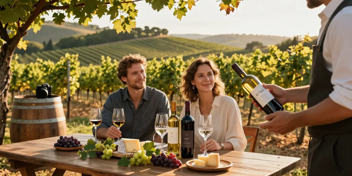Couple enjoying a 1942 wine tasting in a rustic vineyard during golden hour.