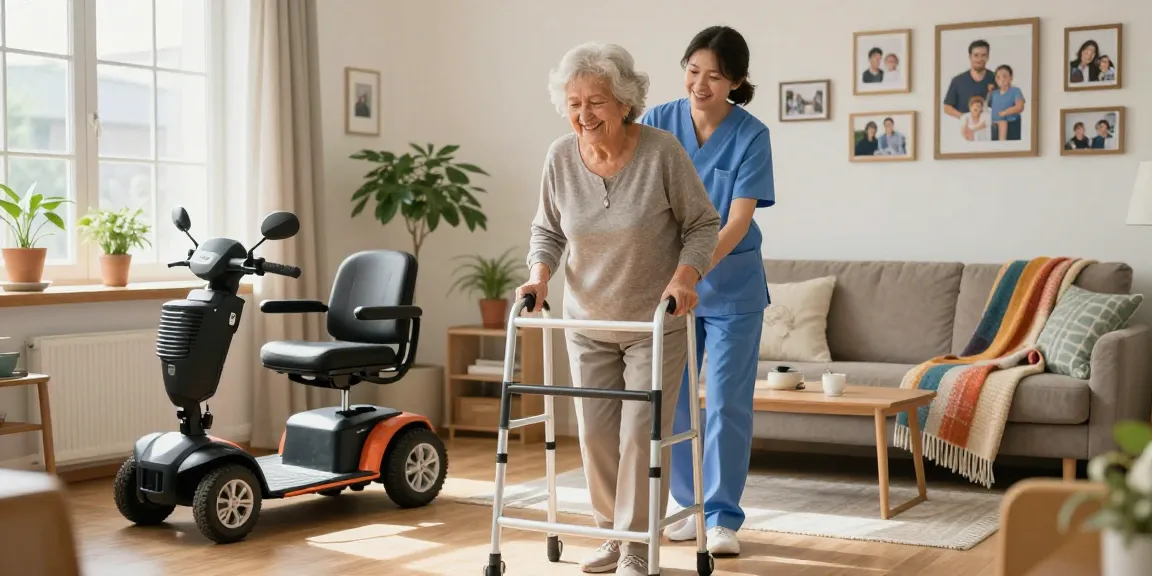 Buy nobility aids in a cozy home healthcare setting with a smiling senior using a mobility aid.