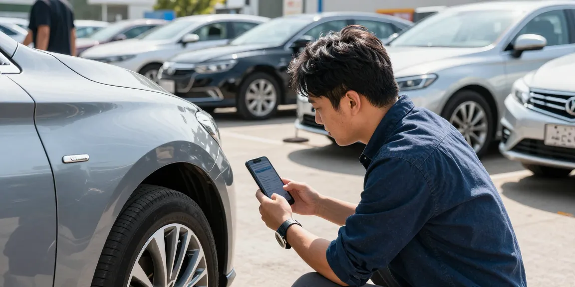Person checking a car history report on smartphone as an HPI check alternative in a dealership