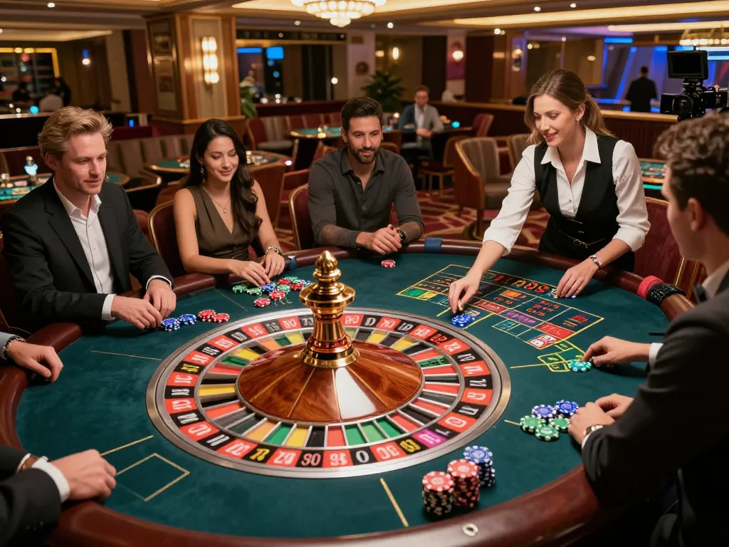 Experience the excitement of DA88 at a lively roulette table with players engaged in strategic betting