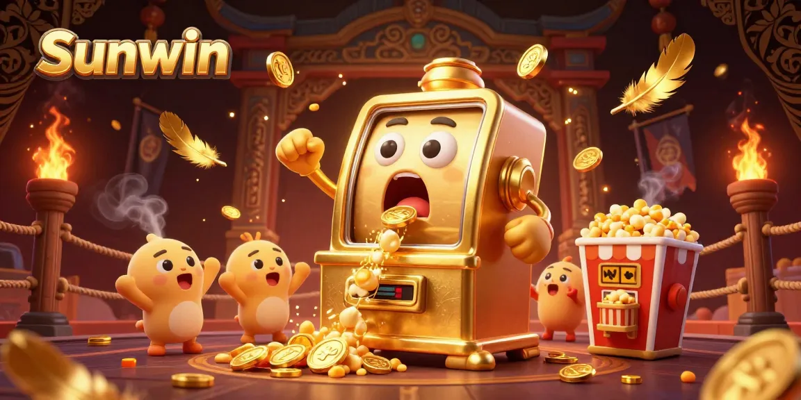 Sunwin slot machine celebrates a jackpot with coins pouring out, surrounded by cheering machines.
