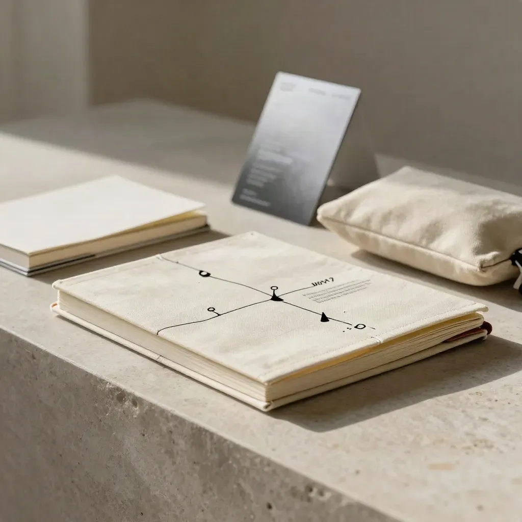 Cream linen folio with notebook, pouch and paper sleeve on a stone plinth in soft daylight