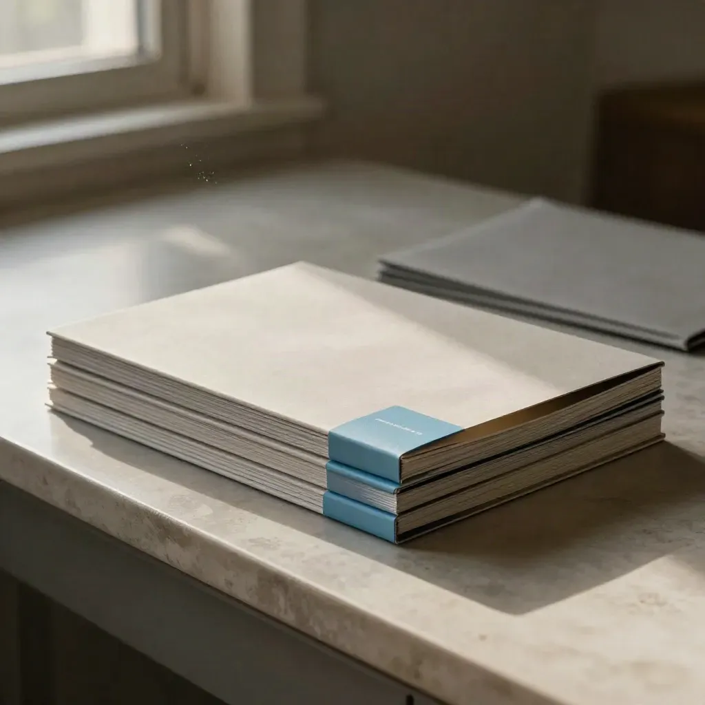 Three premium strategy folios and a sealed box on a plaster ledge with cool blue highlights.