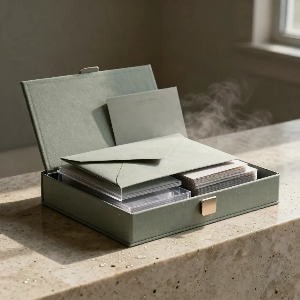 Market foresight box opening on a rain-beaded stone ledge in dawn light.