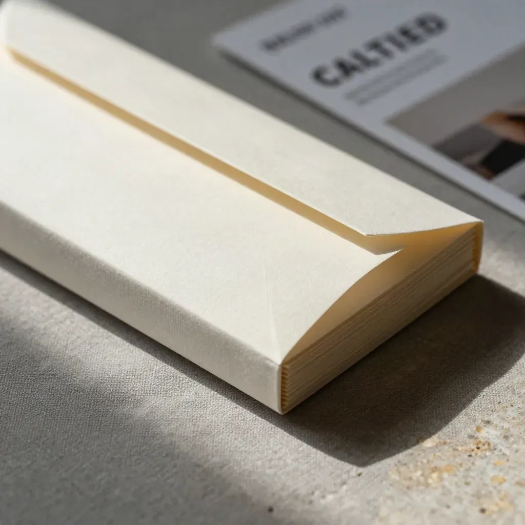 Macro of an off-white startup market scan pack with insert stack and sealed sleeve on ash-grey linen.
