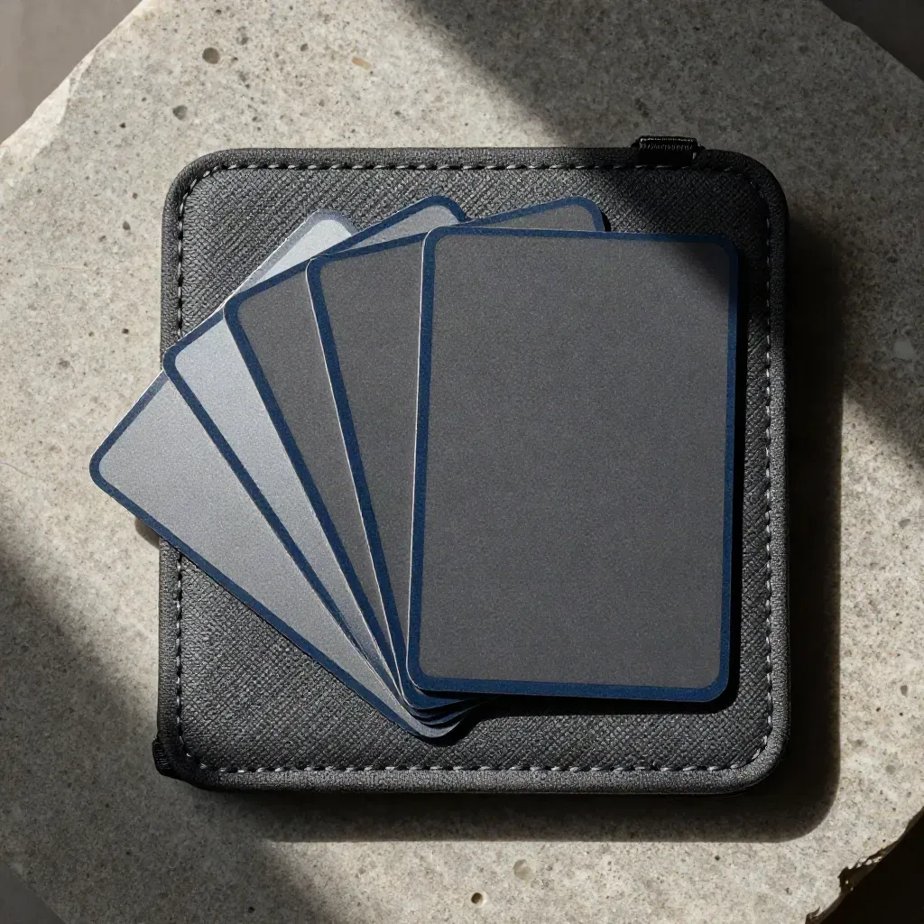 Charcoal competitor map kit with four fanned cards on stone under hard upper-left light