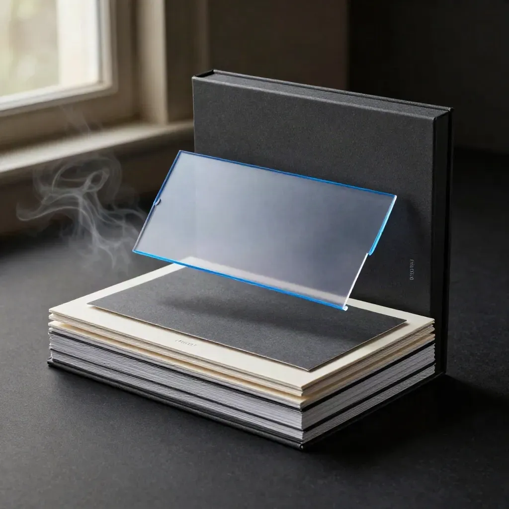 Forecast kit with stacked booklets and translucent dividers lifting on a dark studio surface