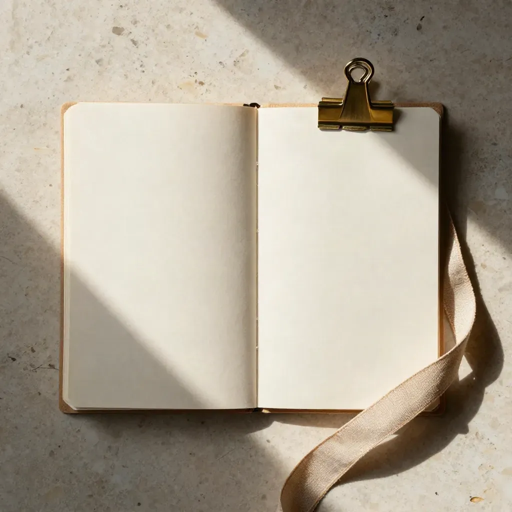 Overhead flat lay of a pricing checkup pack with ribbon, sleeve, and brass clip on stone