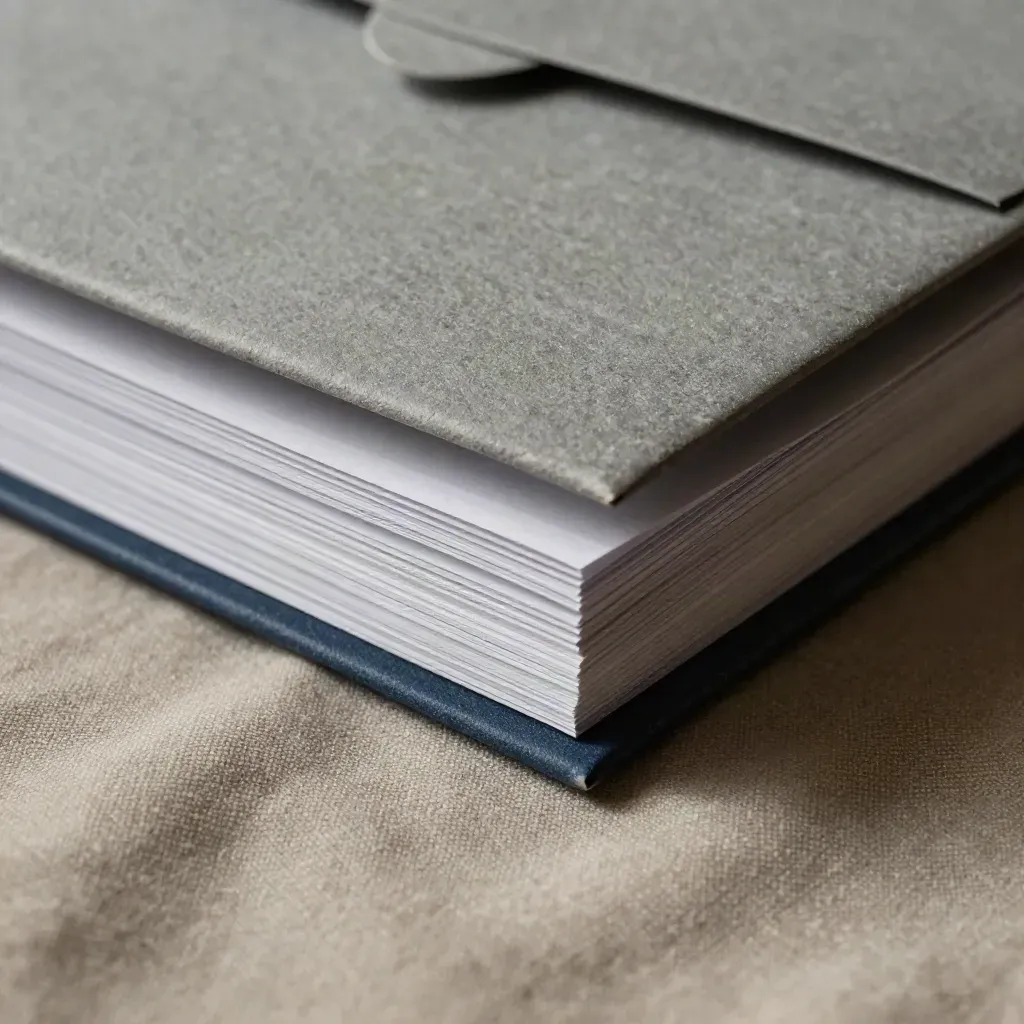 Stone-grey report folder partly tucked in linen with inserts, sealed envelope, dust in raking light
