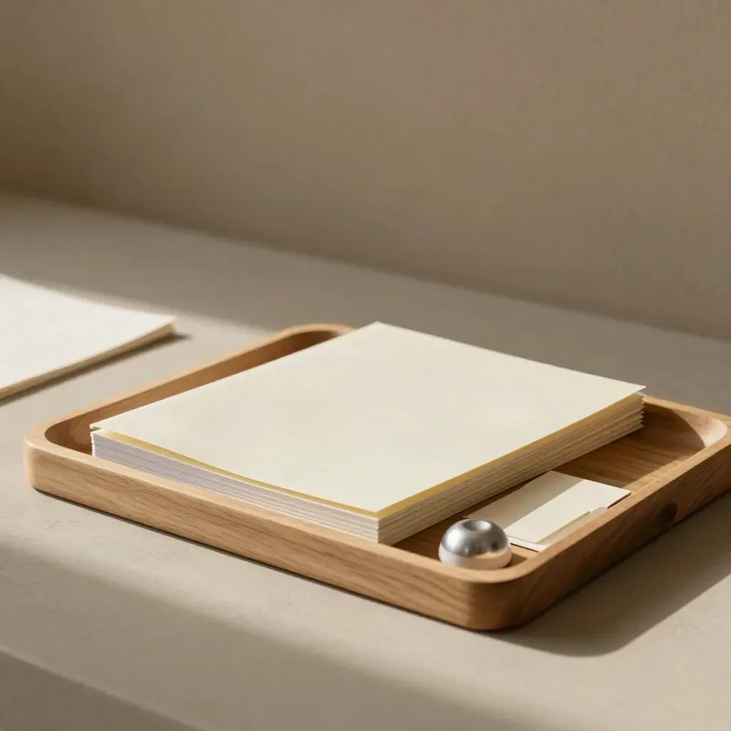 Executive workshop kit in a pale oak tray on a plaster wall, softly lit and ready to begin.