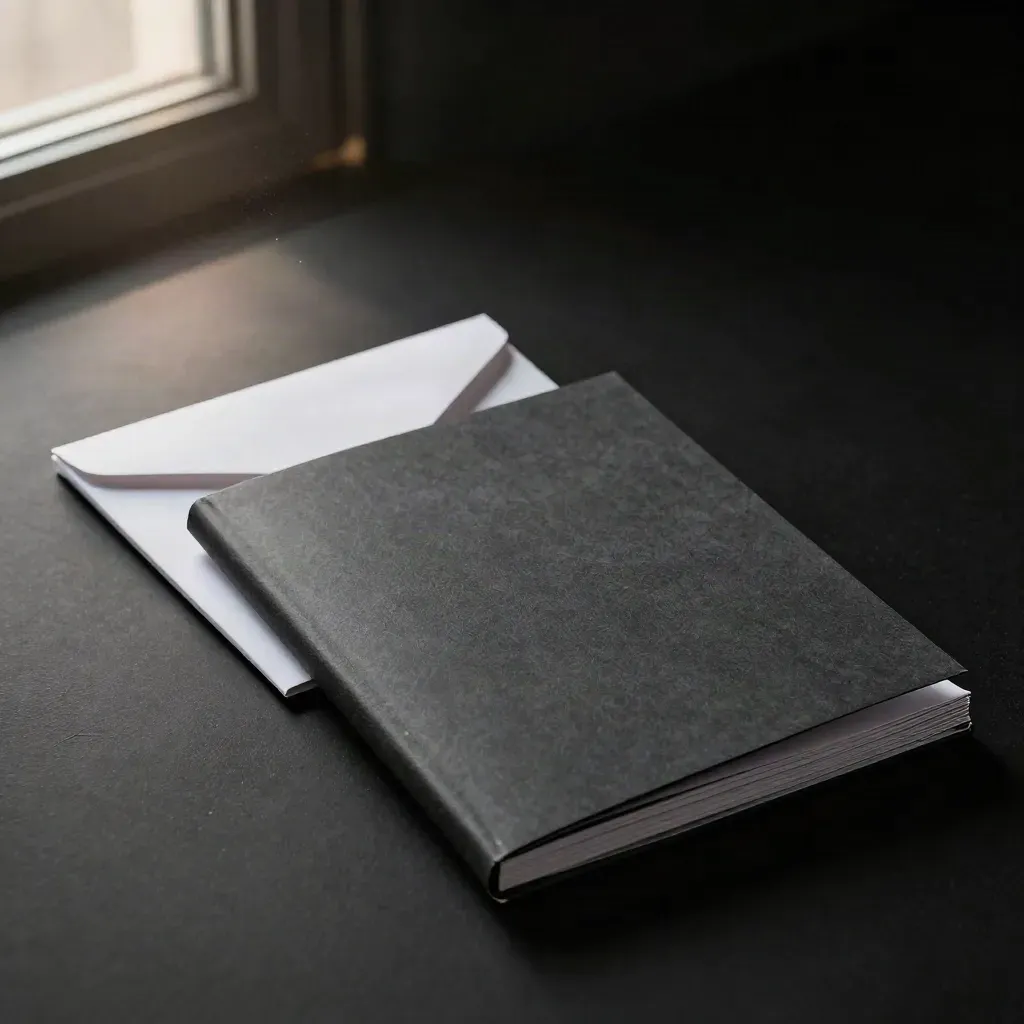 Dark decision memo booklet with sealed tab and narrow envelope on matte-black surface, corner peeling open.
