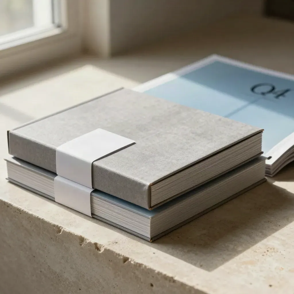 Q4 planning bundle with folios, sealed box, and translucent dividers on pale stone
