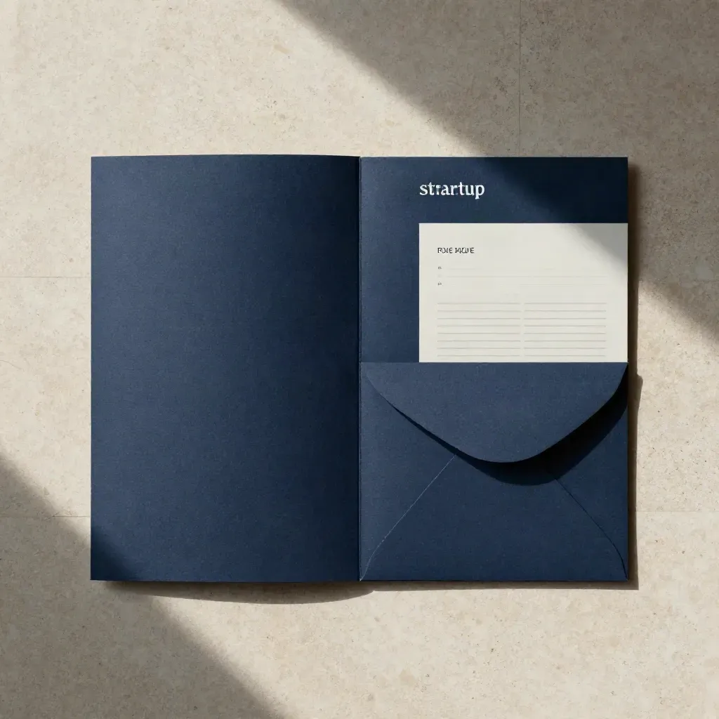 Overhead flatlay of a startup report sleeve, insert stack, tab and slim envelope on pale stone.