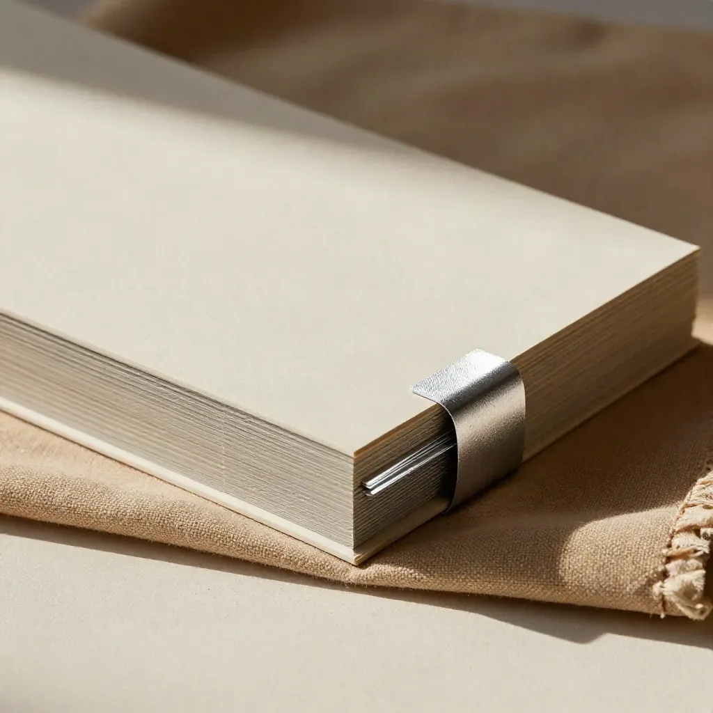 Off-white board portfolio with sidecar cards and silver wrap in folded cloth