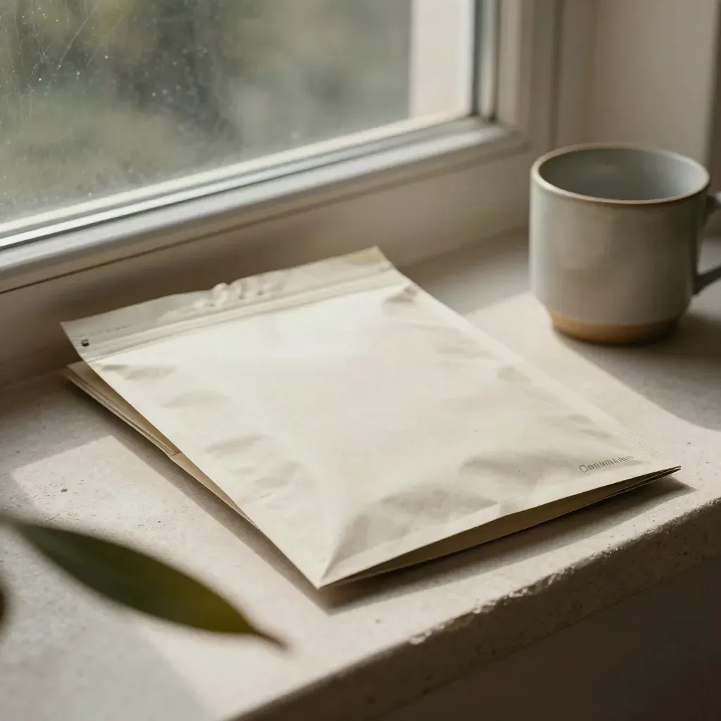 Forecast packet and folded folio on a stone windowsill with cup and plant leaf in morning light