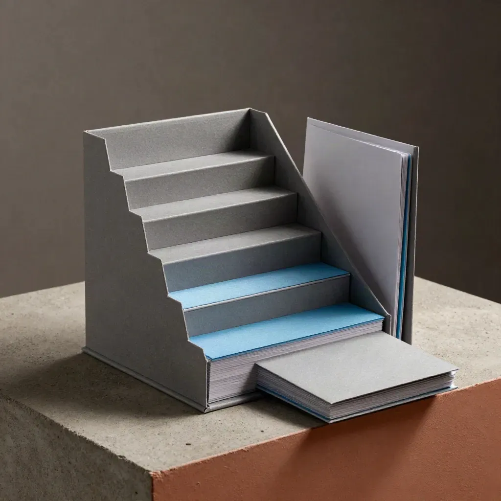 Matte-grey briefing box with stepped tabs and sky-blue ribbon on a concrete plinth