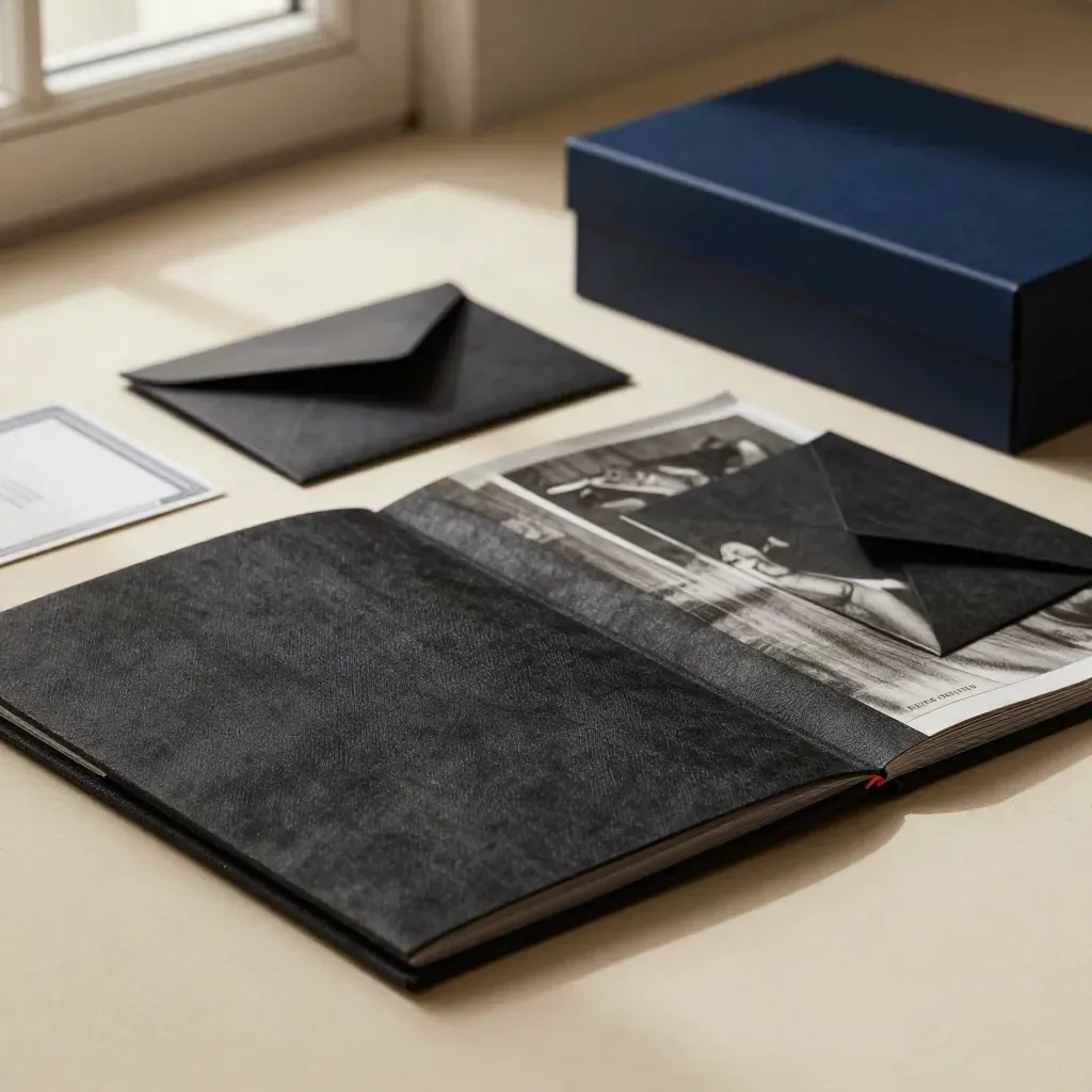 Black linen board pack folio, envelope, cards and box on creamy plaster, low-angle product hero