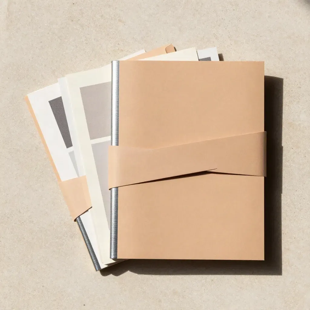 Overhead flatlay of a risk register sleeve with three inserts and a paper band on limestone