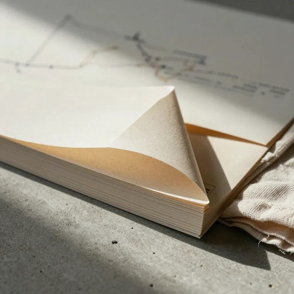 Macro of a stone-paper growth map folio with lifted corner, cloth, envelope, and blurred card.