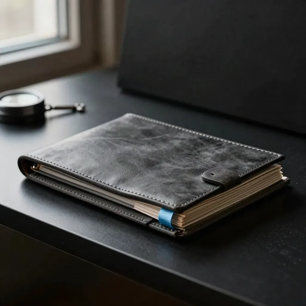 Charcoal strategy bundle fanned open in dramatic studio light on a matte-black plinth.