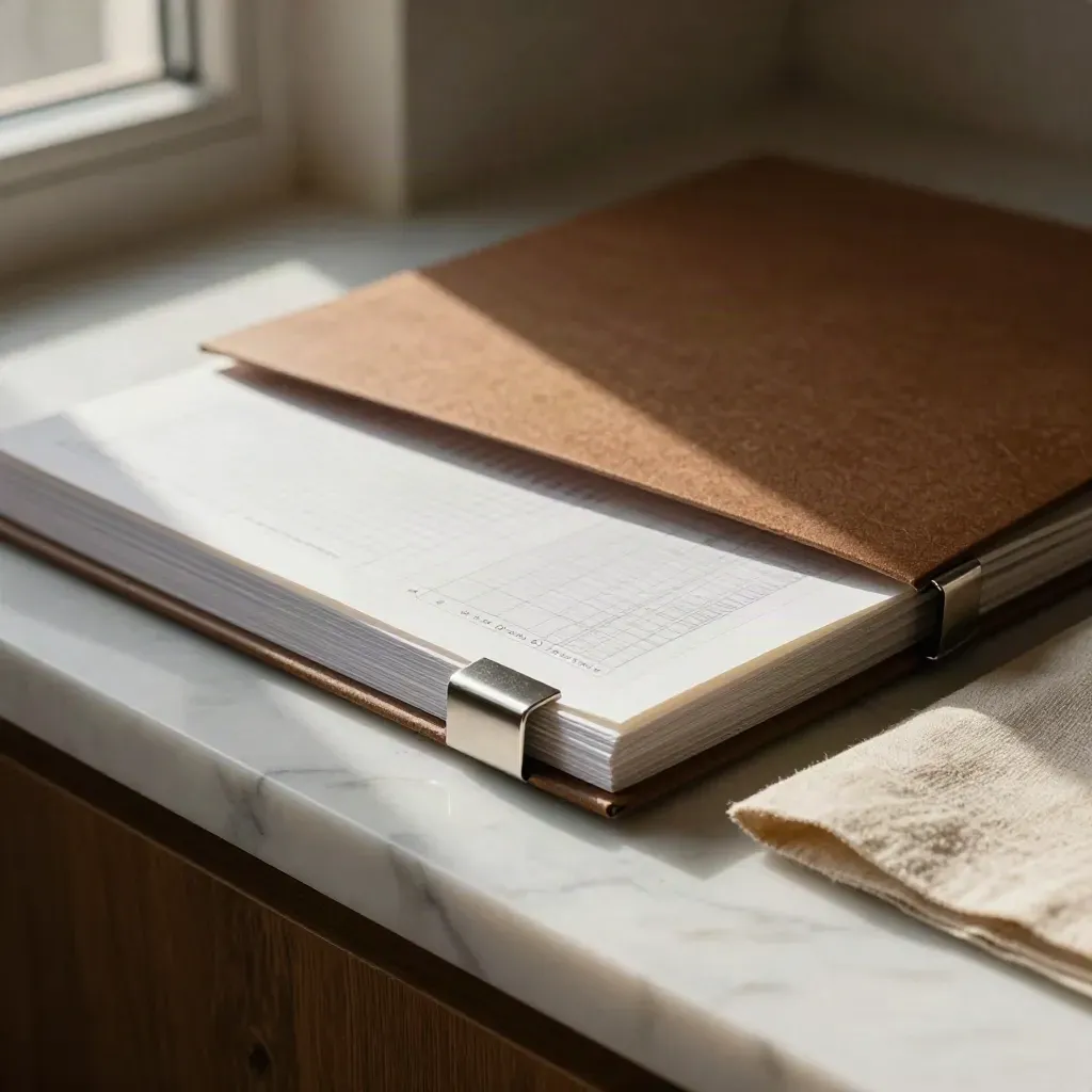 Sunlit marble ledge with layered strategy folders and linen in a quiet studio corner.