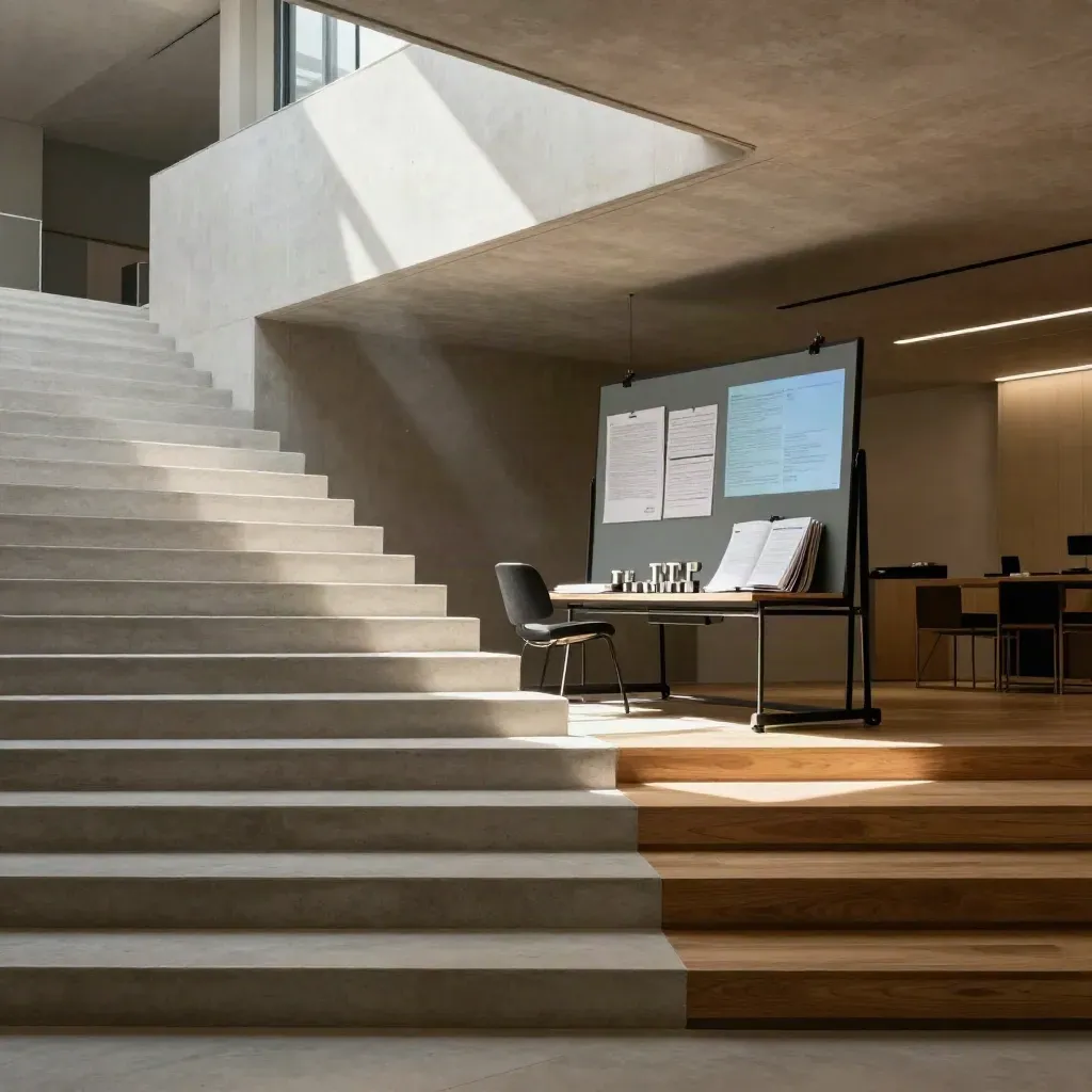 Sunlit modern atrium with oak slats, pale concrete steps, and workshop materials high above.