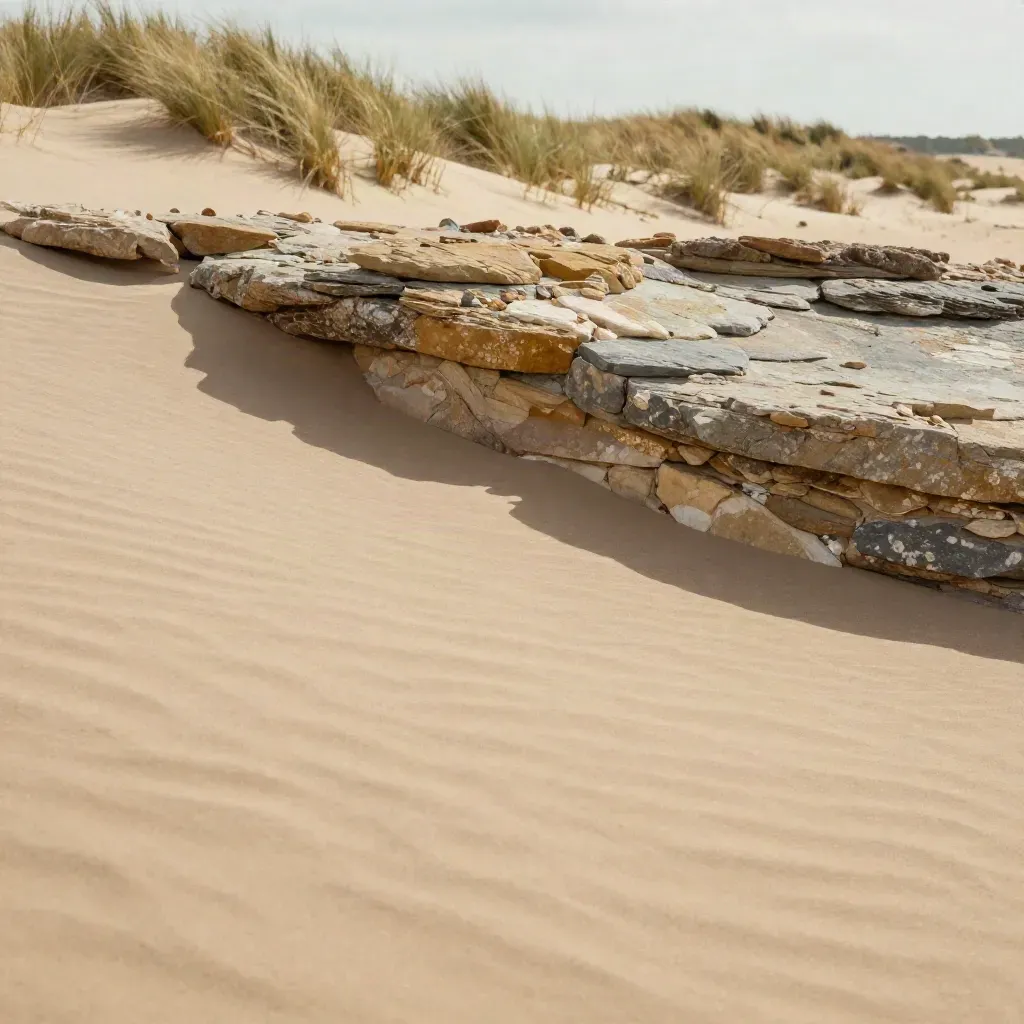 Sandstone dune shelf with grasses and open pale sand for copy