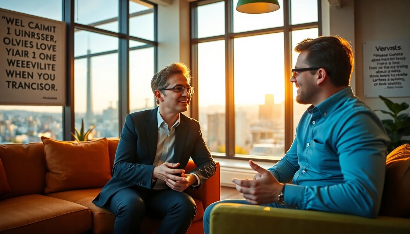 Inspiring business coach San Francisco interacting with a client in a vibrant office.