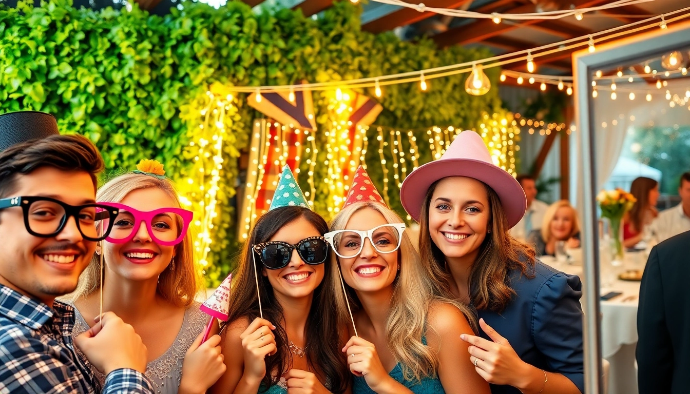 Capture memories at our photo booth rental with guests using fun props at an outdoor wedding.