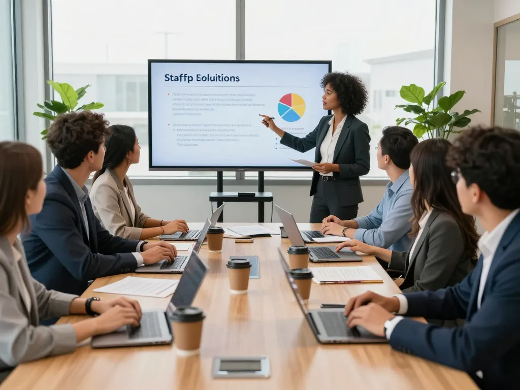 Team of professionals discussing temp agencies in a modern meeting room.