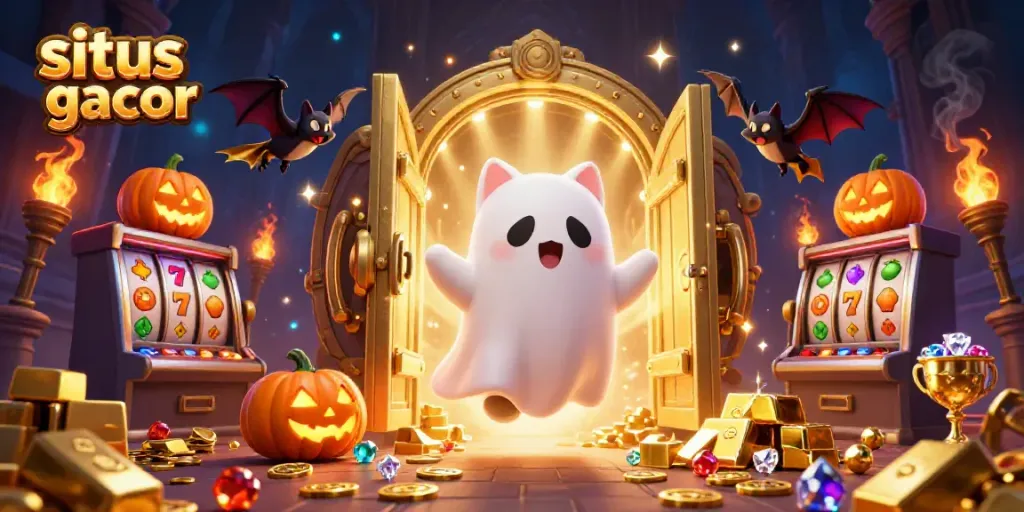 Experience the excitement of situs slot gacor gameplay with a friendly ghost cat in a haunted casino.