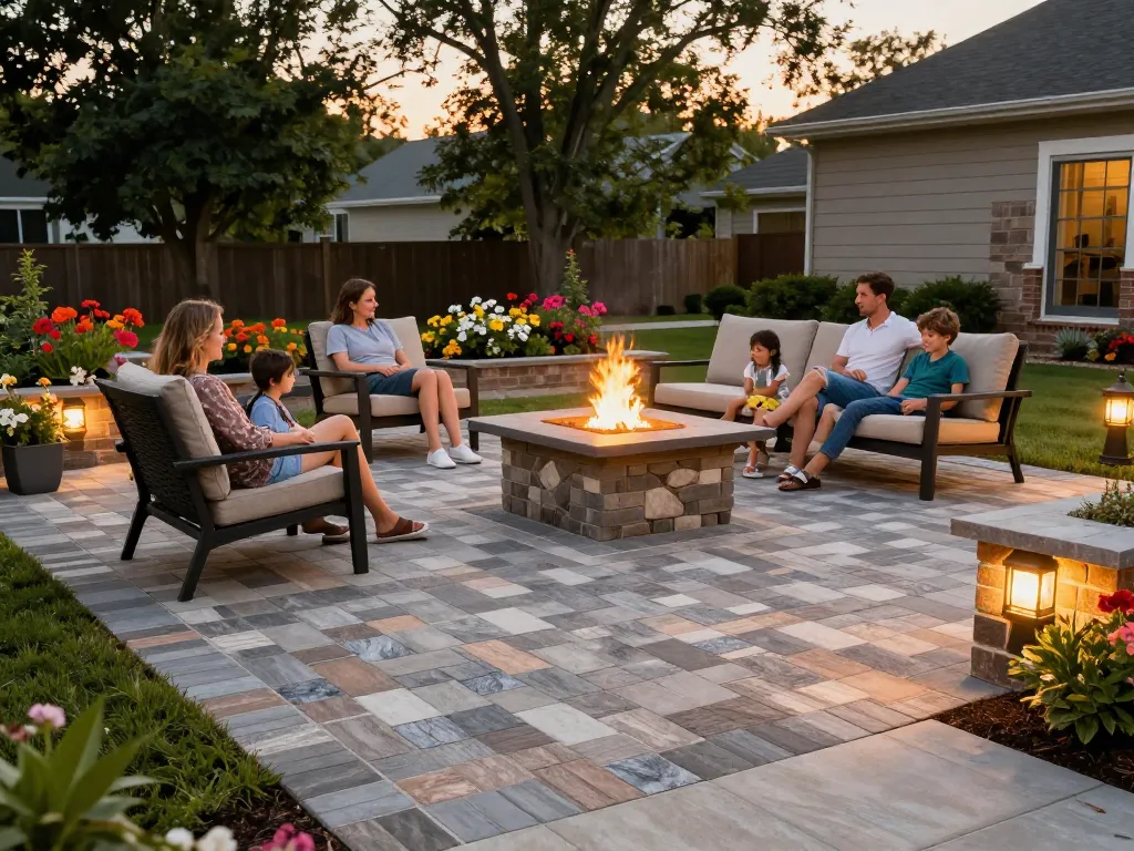 Paver installation near me showcased with a beautiful family enjoying their new outdoor living space featuring pavers in a suburban backyard.