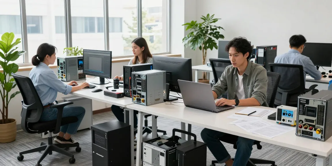 Refurbished PCs being reviewed at a modern tech workspace with multiple laptops and equipment.
