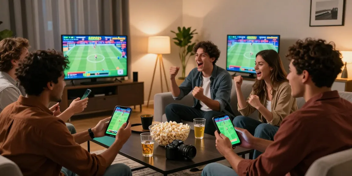 Friends enjoying betting on sbobet during a sports event at home with excitement.