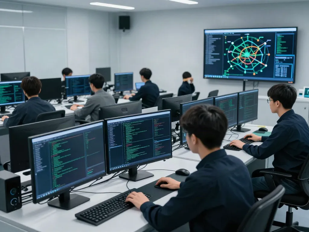 penetration test analysts utilizing advanced cybersecurity tools in a modern lab.