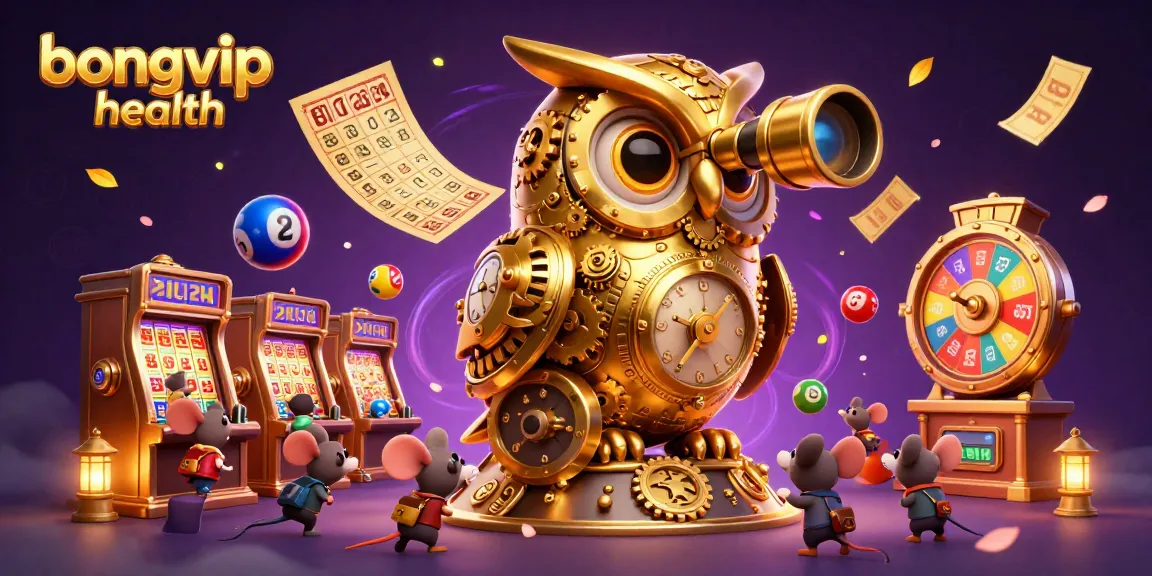 Bongvip health features a clockwork owl overseeing a vibrant casino scene filled with games and excitement.