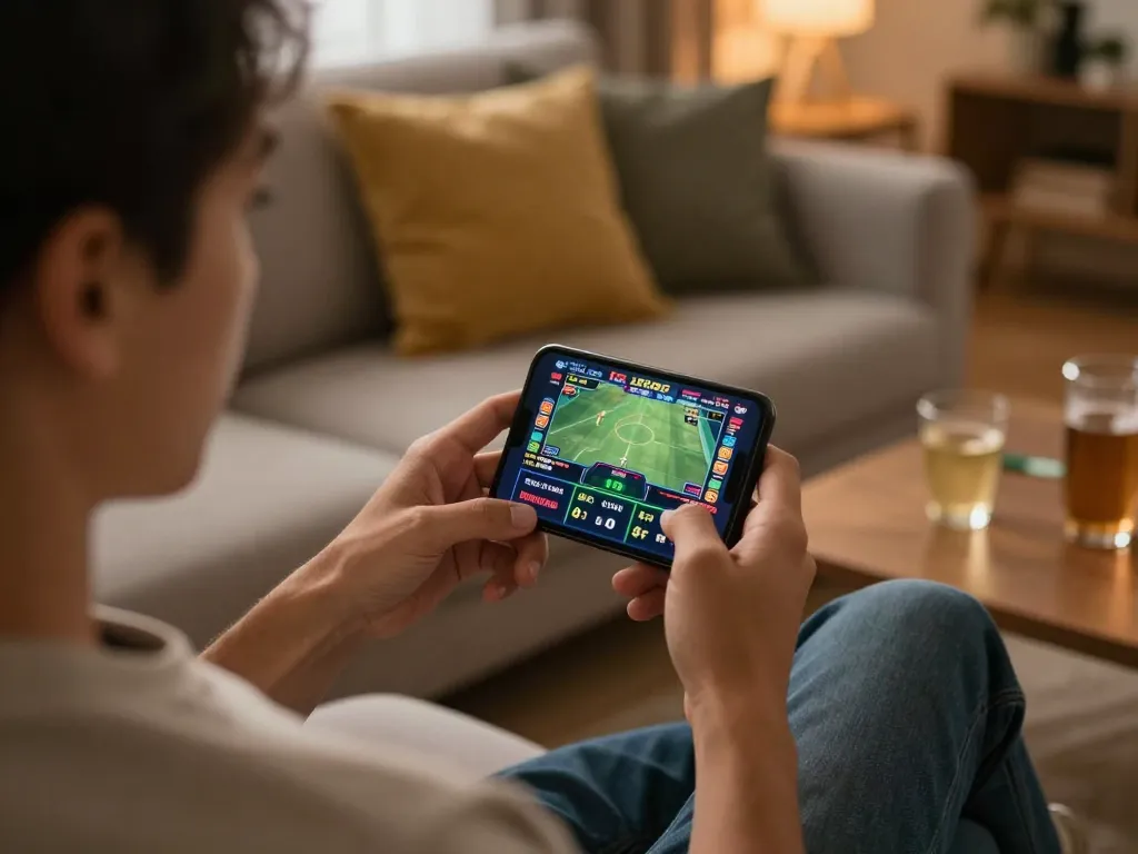 Betting live on sports with 88vvgo app from a cozy home setup, enjoying strategic gaming.