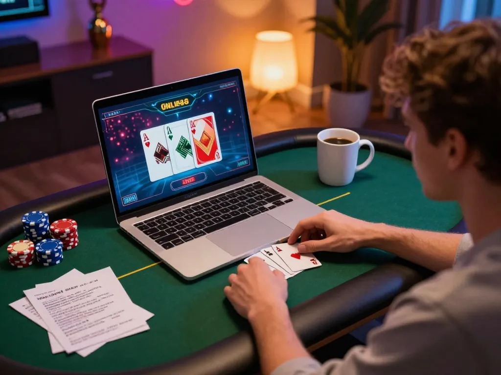 Engaging in an intense lc88 online poker game setup at home with colorful chips and strategic notes.