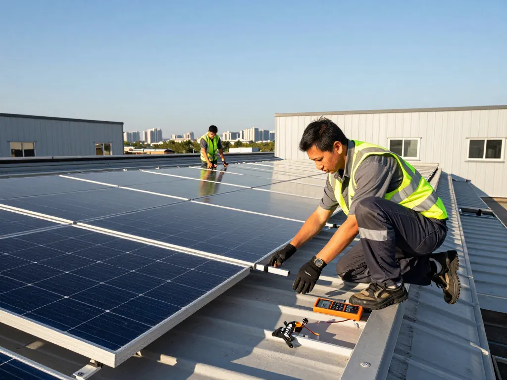Panneaux photovoltaïques de type N being installed by technicians on a commercial rooftop, showcasing the cutting-edge technology and teamwork in renewable energy.