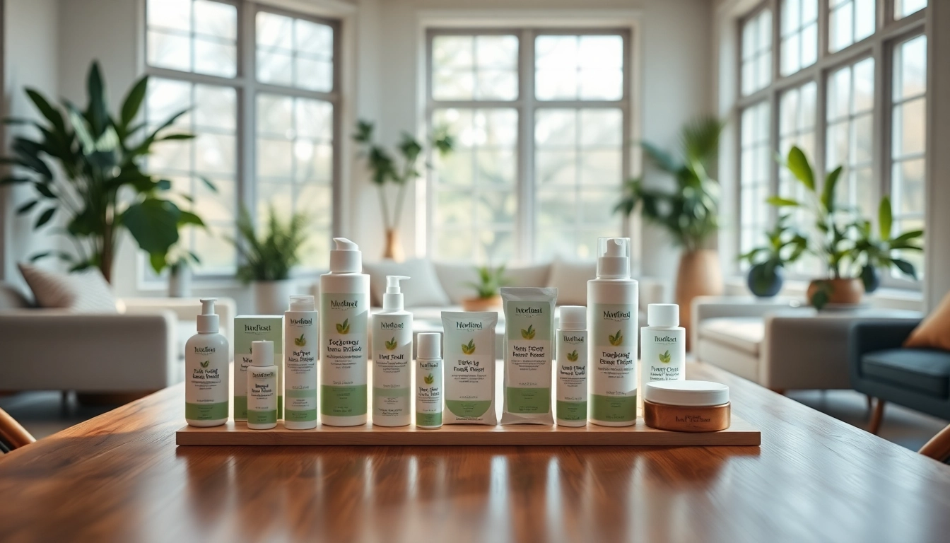 Showcase of wellness products from https://amc-essentials.com/ on a bright wooden table surrounded by greenery.