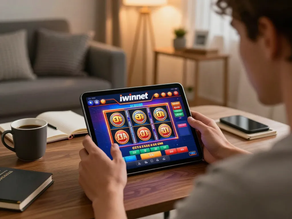 Engaging in iwinnet online casino gaming on a tablet at home with warm ambiance and strategic notes.