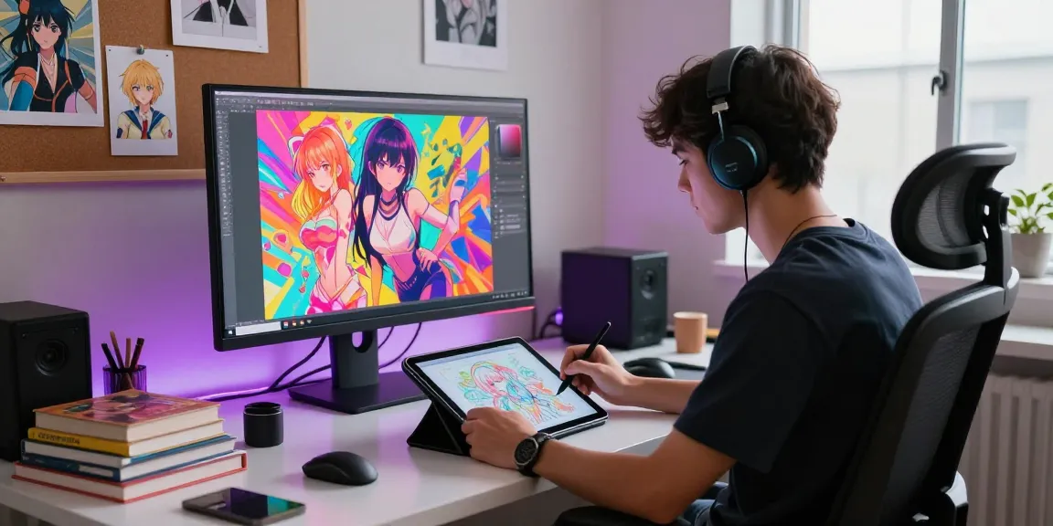 Creative artist generating stunning ai ecchi illustrations in a vibrant digital studio.